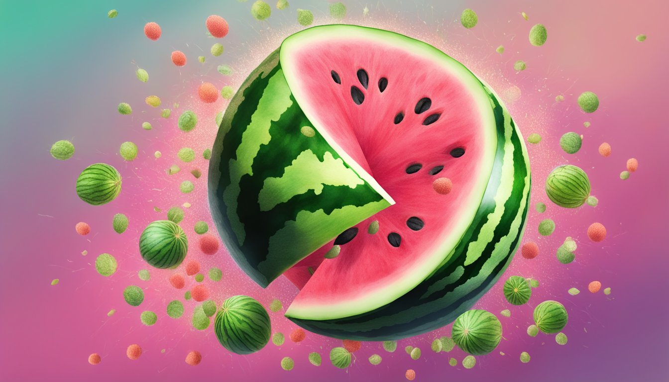 A watermelon bursting open, releasing a burst of vibrant pink and green colors, surrounded by a halo of tiny seeds