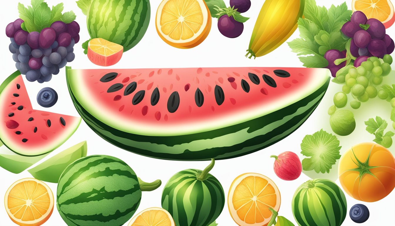 A ripe watermelon surrounded by various fruits and vegetables, emitting a radiant glow, symbolizing its powerful antioxidants and anti-inflammatory properties