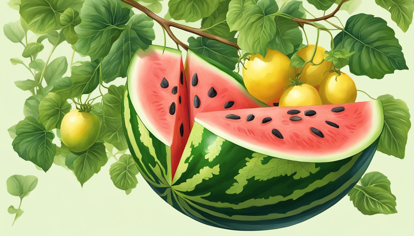 A sun-drenched watermelon vine with yellow fruit hanging amidst lush green leaves