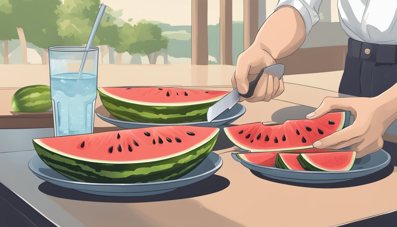 A person slicing and eating a portion of watermelon, with a glass of water nearby