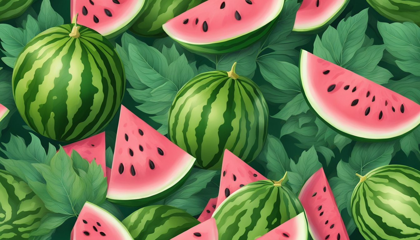 A ripe watermelon surrounded by vibrant green leaves, with juicy pink flesh bursting with seeds, symbolizing skin and immune health