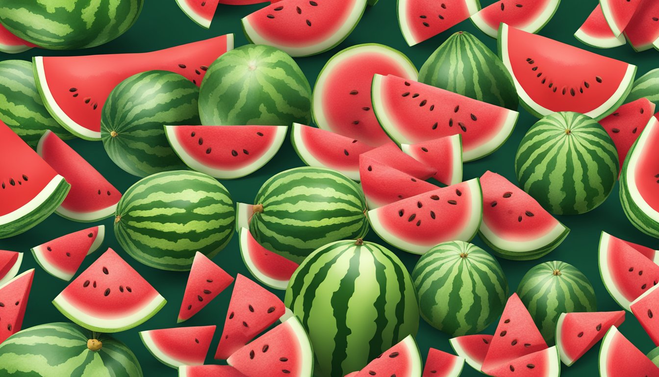 A watermelon slice surrounded by various watermelon varieties