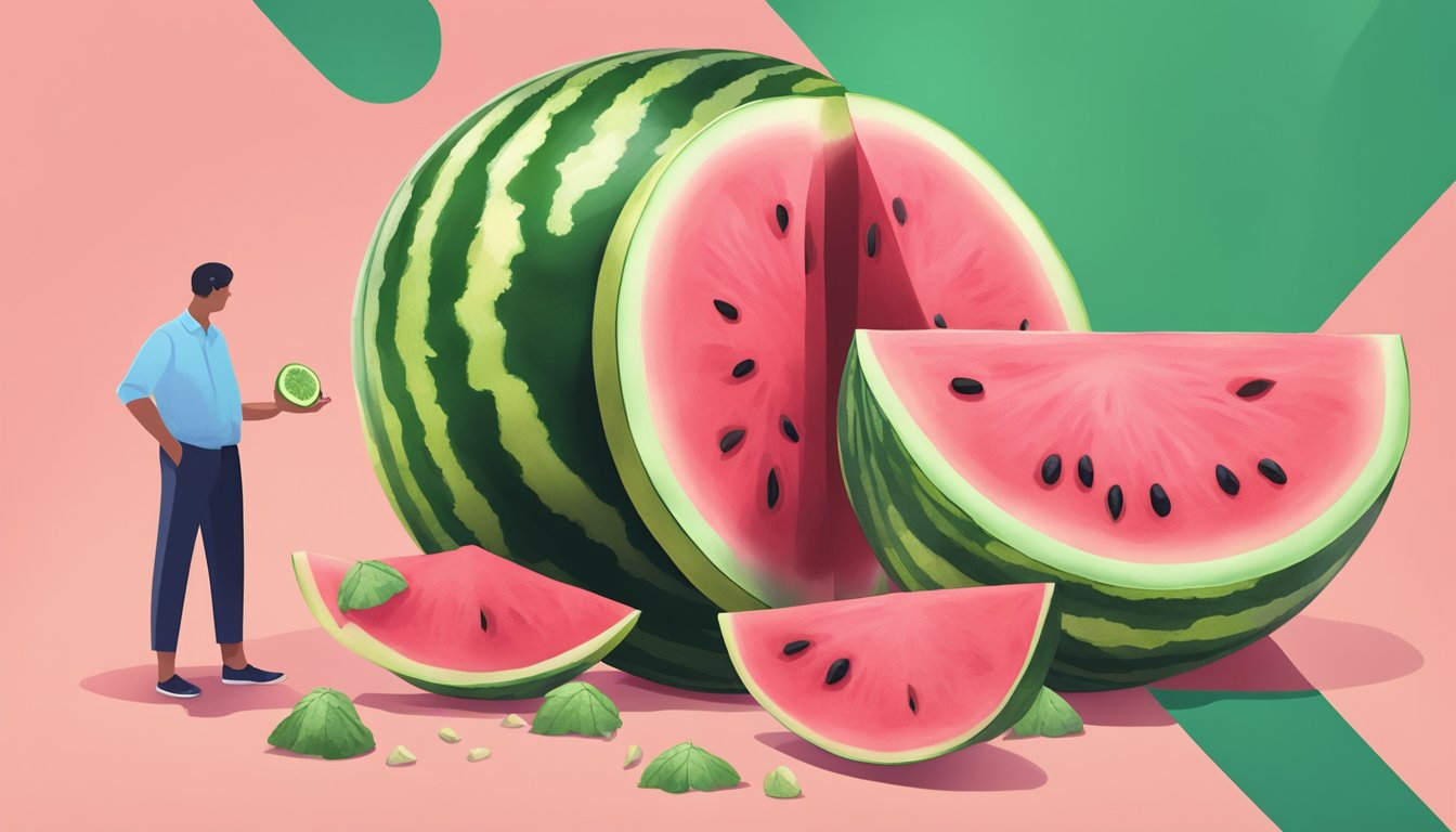 A watermelon slices into pieces, revealing its juicy pink flesh and seeds, while a person observes with curiosity and caution