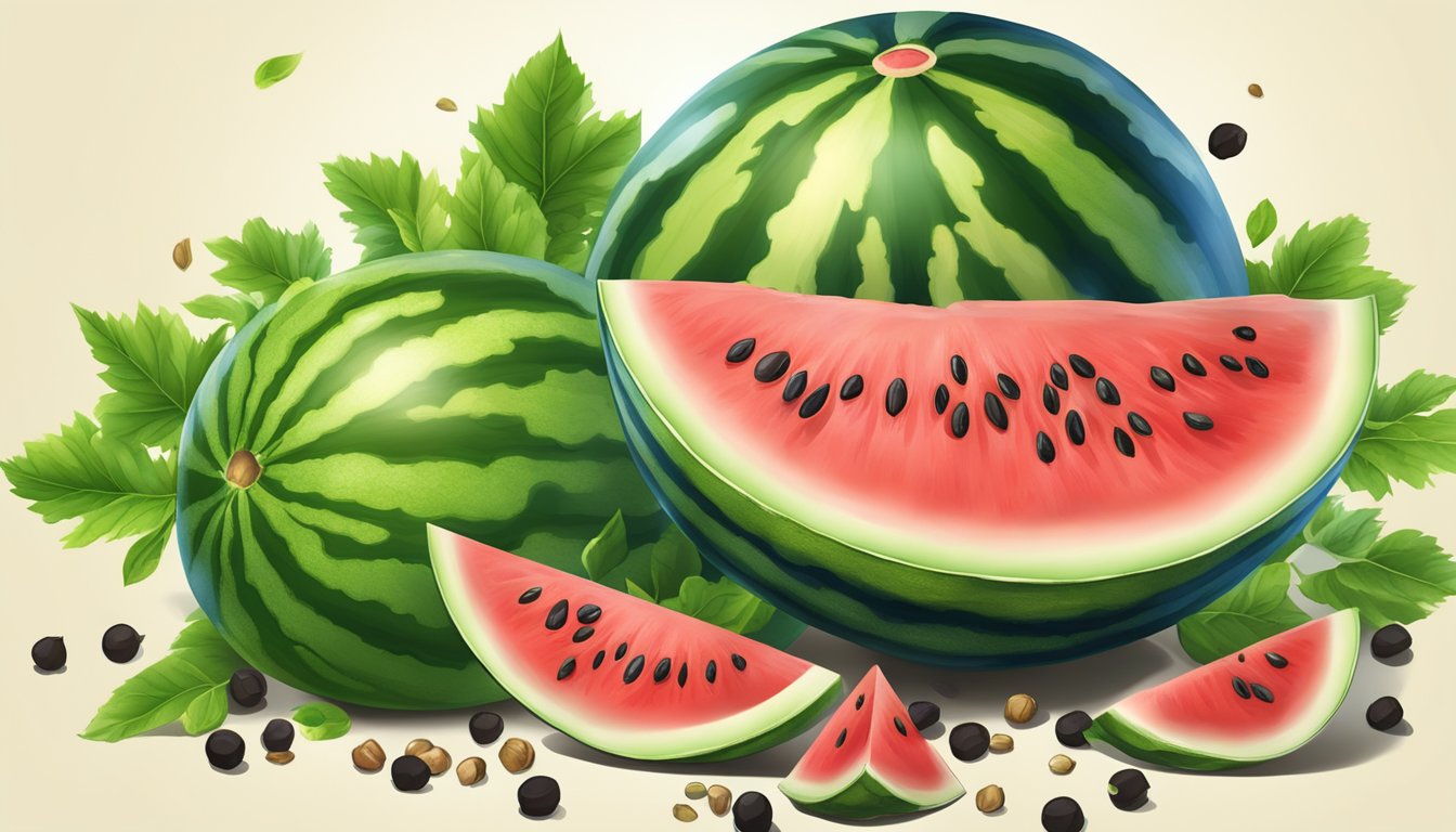 A ripe watermelon splitting open, with juicy red flesh bursting out, surrounded by vibrant green rind and seeds scattered around