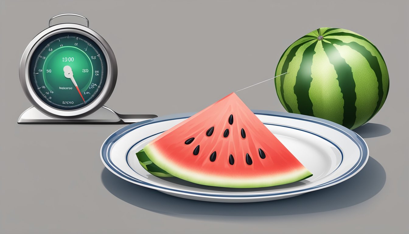 A juicy slice of watermelon on a plate with a measuring scale next to it, showing 100 calories worth