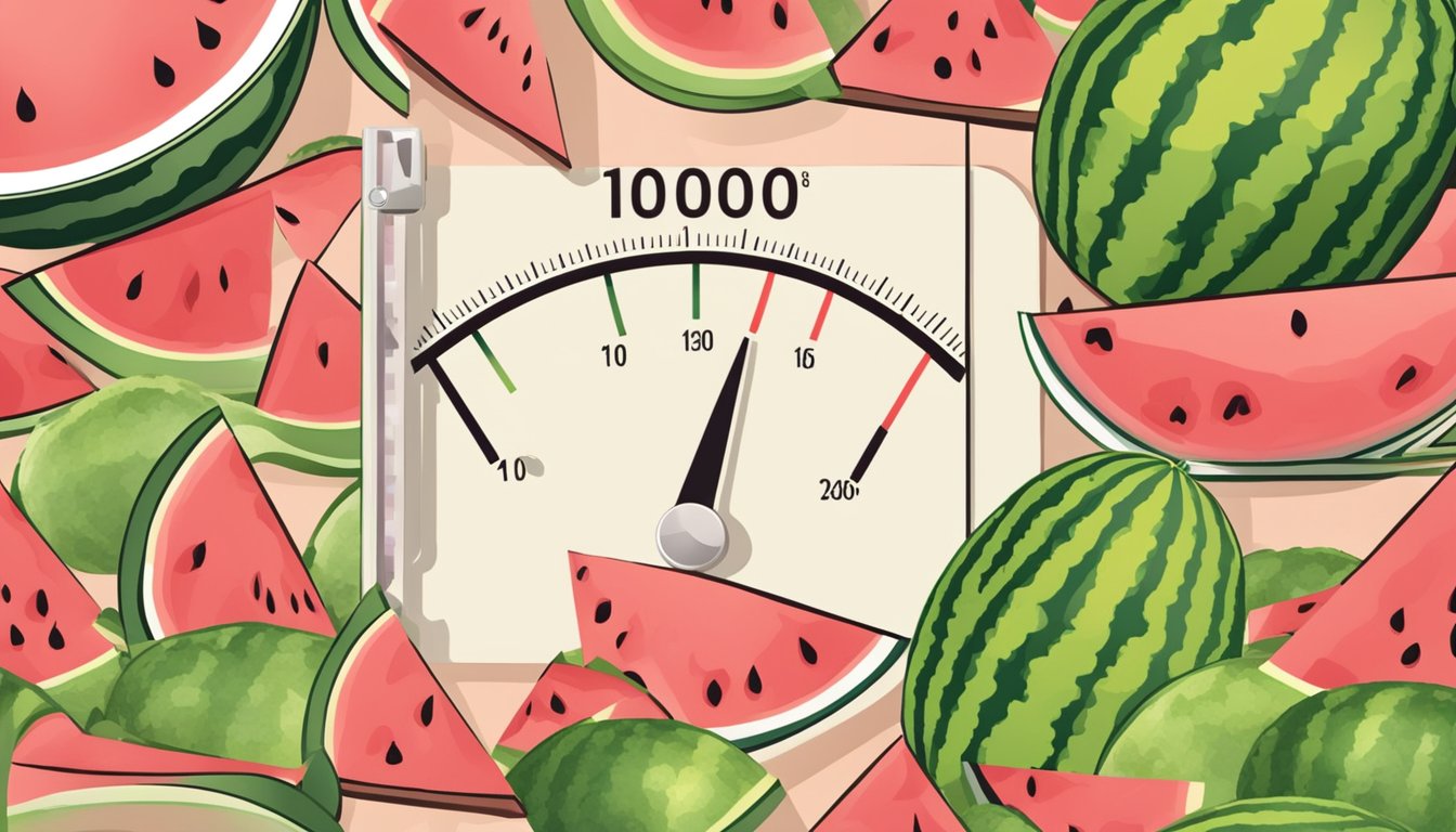 A slice of watermelon with a measuring scale and a calorie counter displaying "100" calories