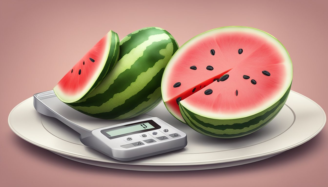 A slice of watermelon on a plate with a measuring scale, showing the weight equivalent to 100 calories