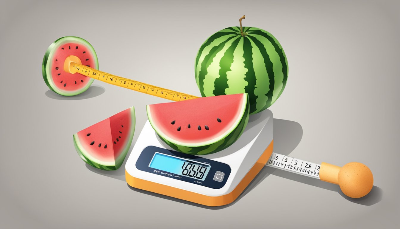 A scale with a watermelon slice and a calorie counter