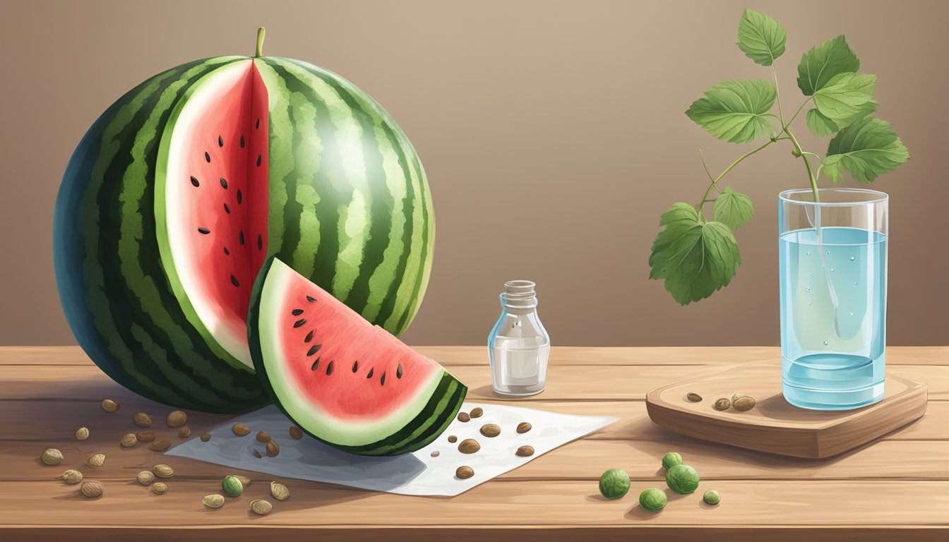 A watermelon sitting on a wooden table with a glass of water next to it, surrounded by a few scattered seeds and a digestive system diagram in the background