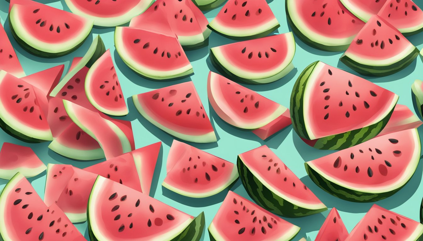 A variety of watermelon slices arranged on a table with a calorie counter next to them, showing 100 calories worth of watermelon