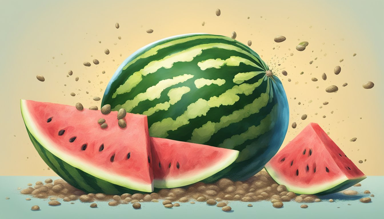 A watermelon splitting open with a trail of small, round droppings leading away from it