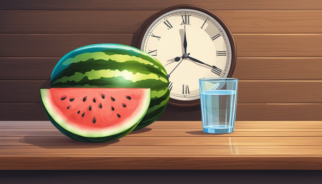 A ripe watermelon sits on a wooden table beside a glass of water. A clock on the wall shows the time at 6 pm