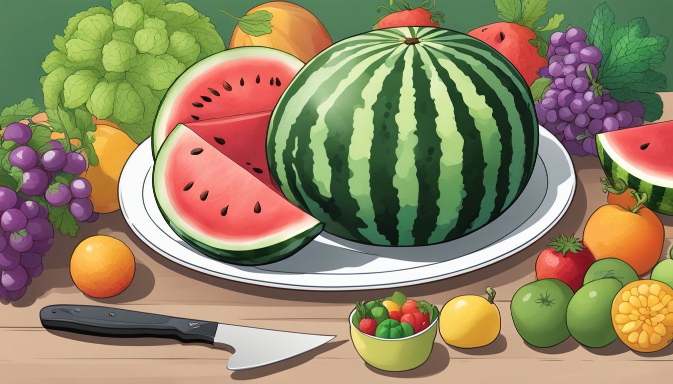 A watermelon sitting on a clean white plate with a knife next to it, surrounded by various fruits and vegetables