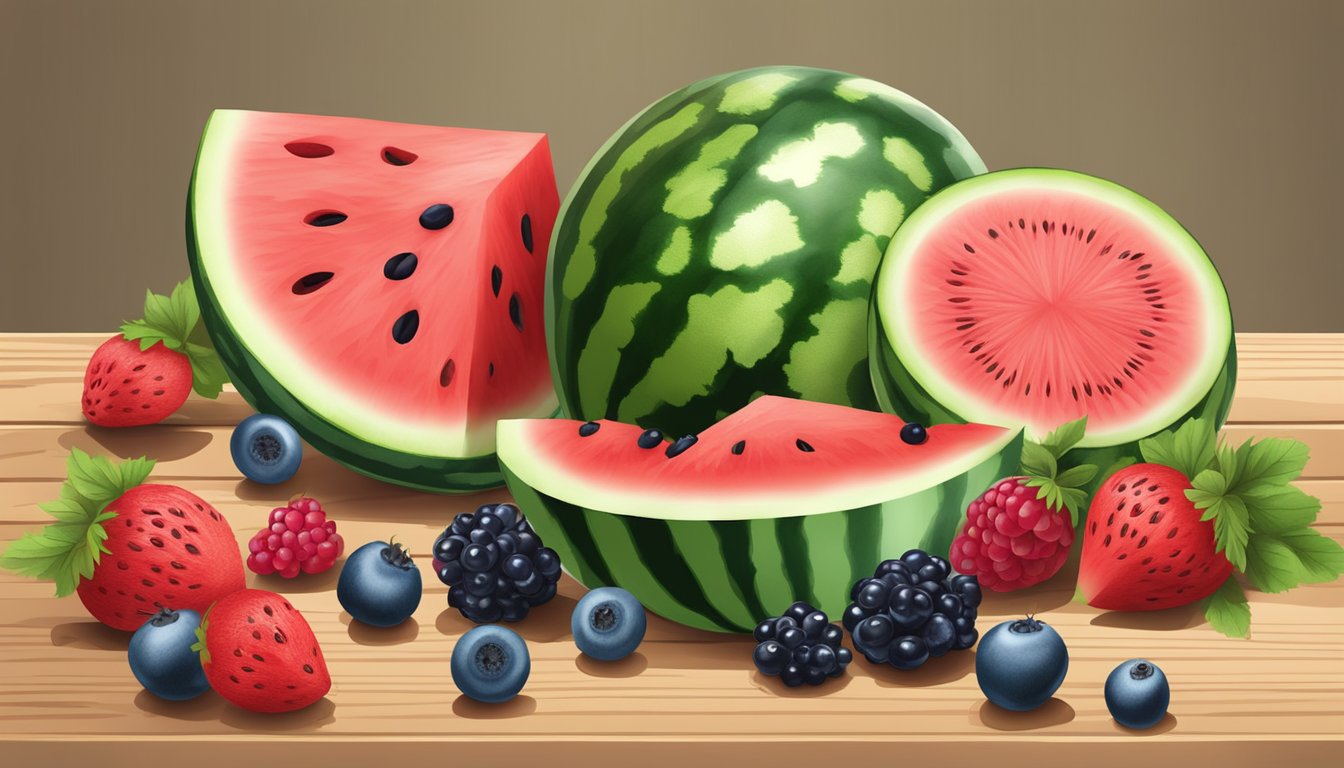 A watermelon and a variety of berries arranged on a wooden table