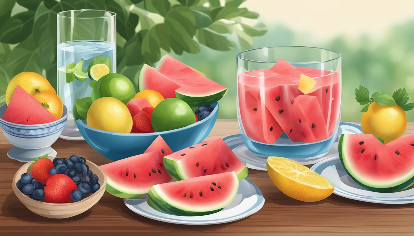 A table with watermelon slices, a glass of water, and a bowl of mixed fruits