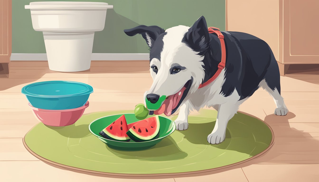 A happy dog eating small pieces of watermelon from a bowl on the floor beside a water dish