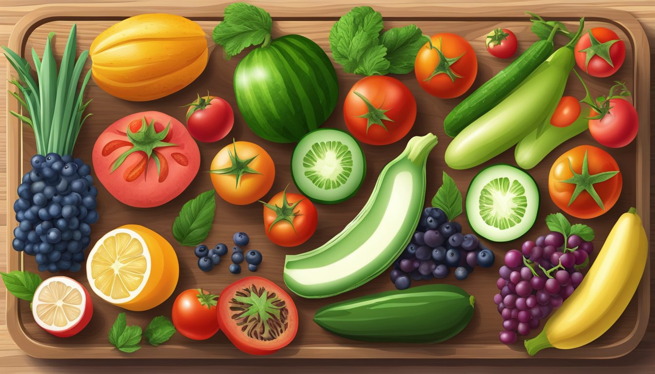 A colorful array of fruits and vegetables, including berries, cucumbers, and tomatoes, arranged on a wooden cutting board