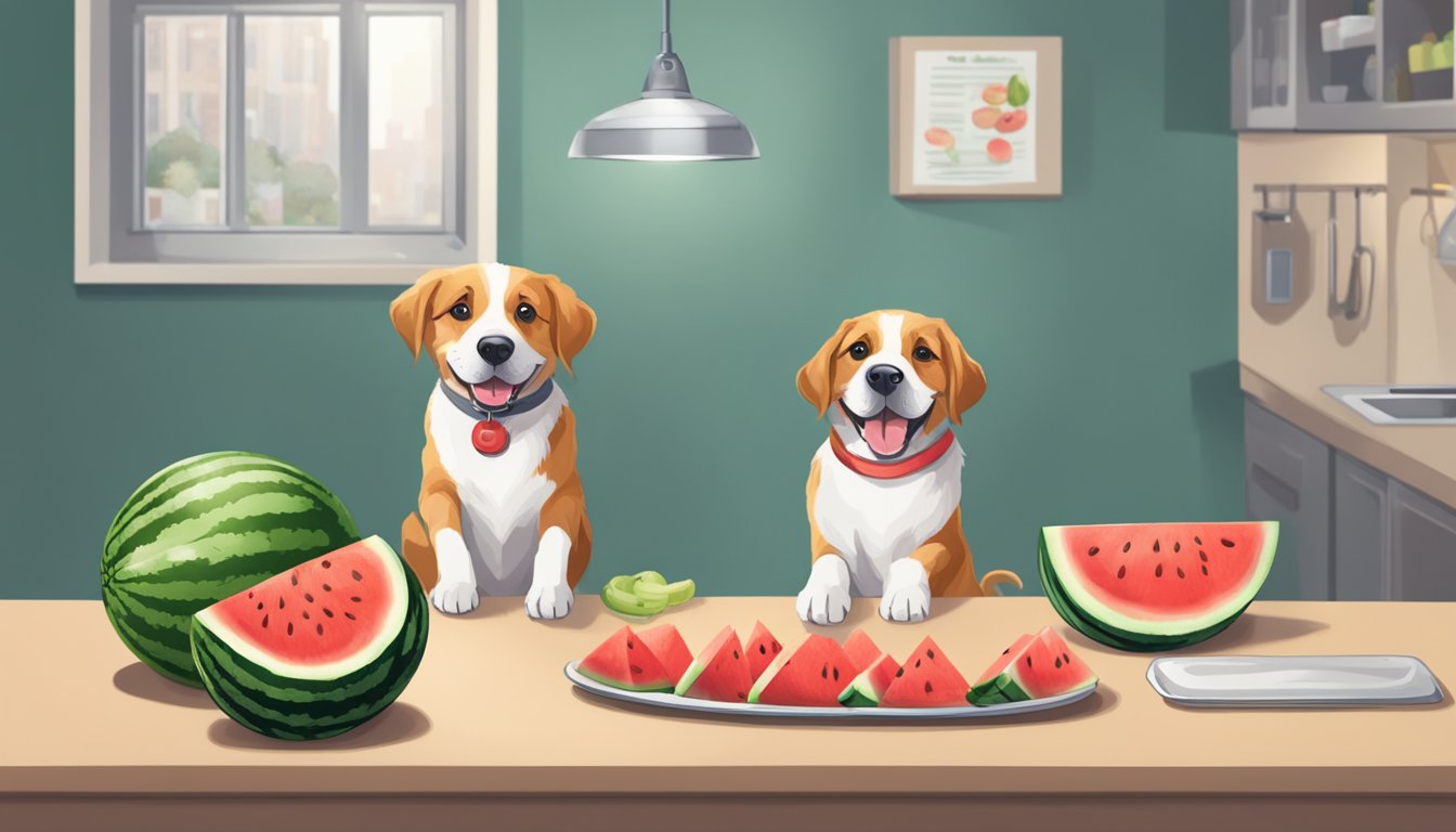 A happy puppy with a watermelon slice, a concerned owner checking portion size, and a vet offering advice