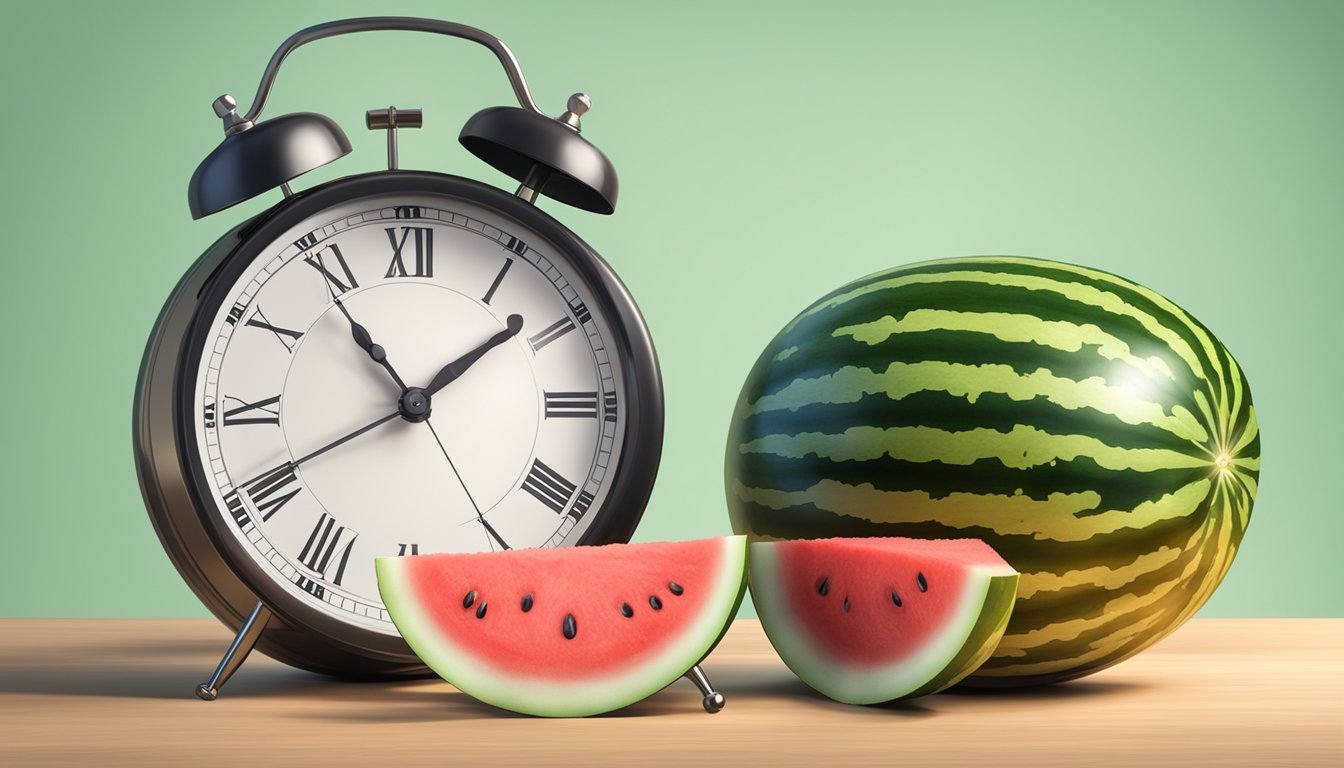 A watermelon next to a bottle of supplements, with a clock showing fasting time