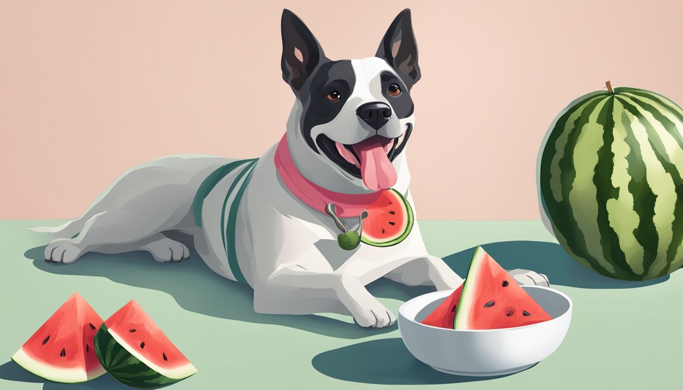 A happy dog eating a slice of watermelon, with a bowl of watermelon chunks nearby