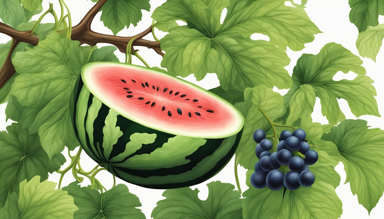 A vine with large, striped watermelon berries hanging from it, surrounded by lush green leaves and tendrils