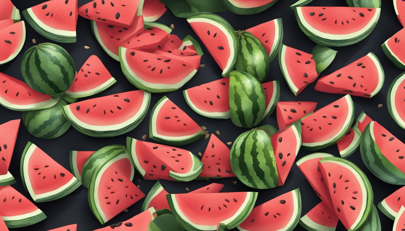 A watermelon with a red interior and black seeds, surrounded by a pile of discarded rinds