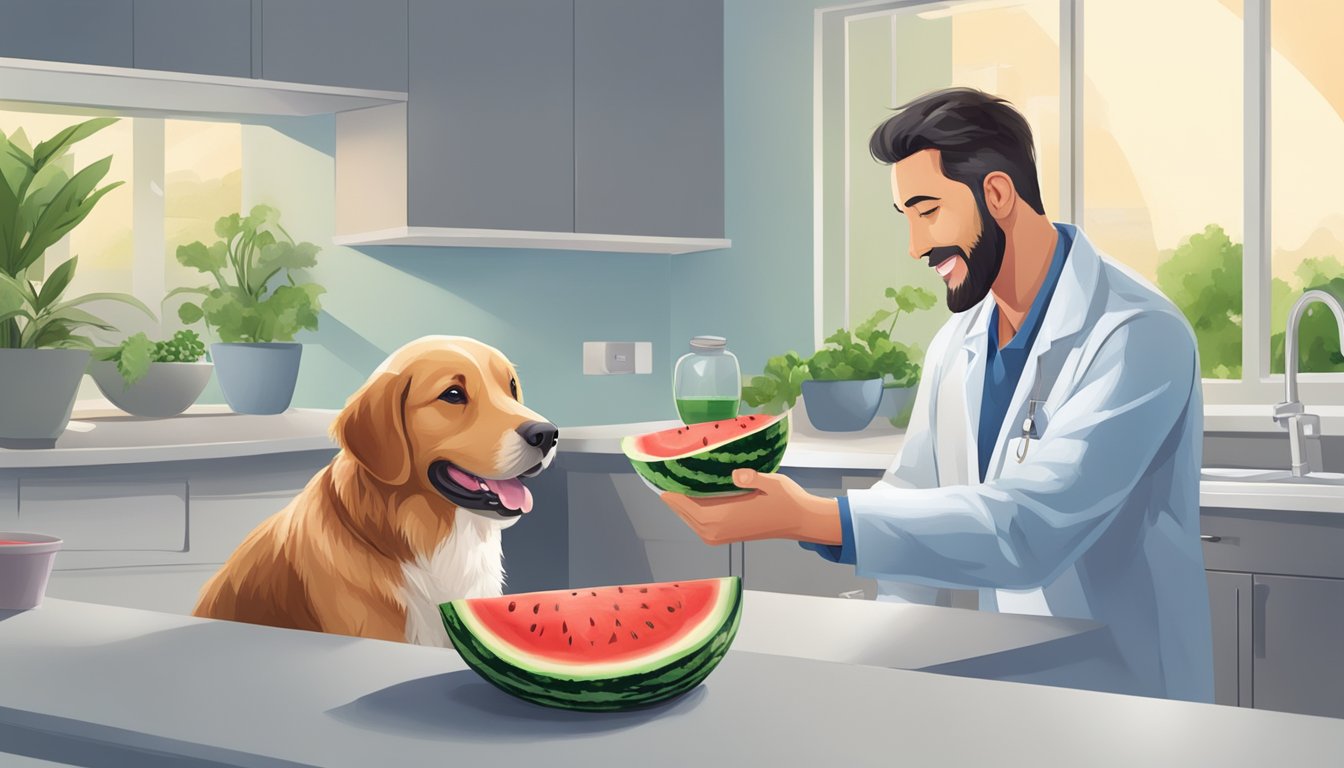 A dog happily eating a slice of watermelon while a veterinarian measures out a safe portion