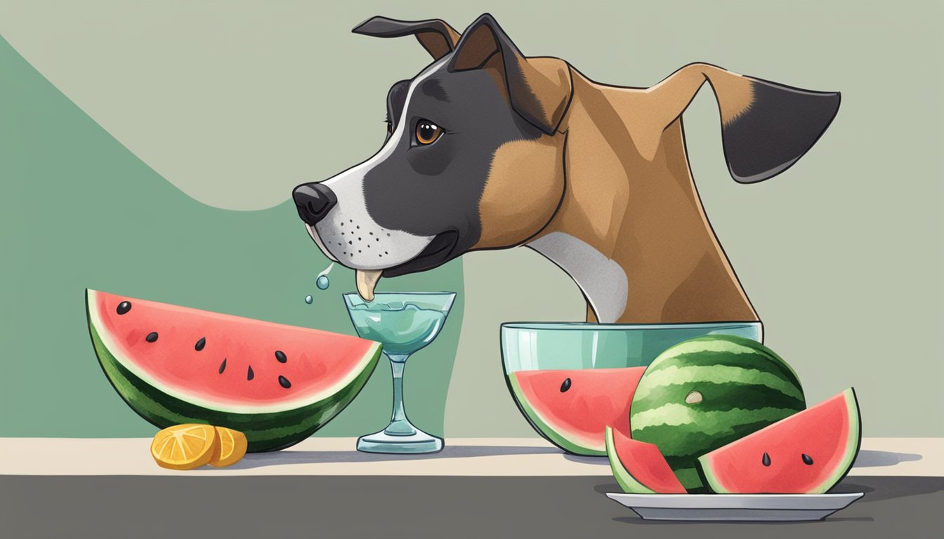 A dog eating a slice of watermelon, with a small bowl of water nearby