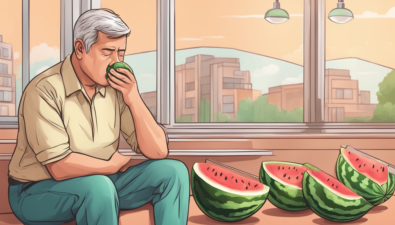 A person looking unwell after eating watermelon, with symptoms like stomach ache and bloating