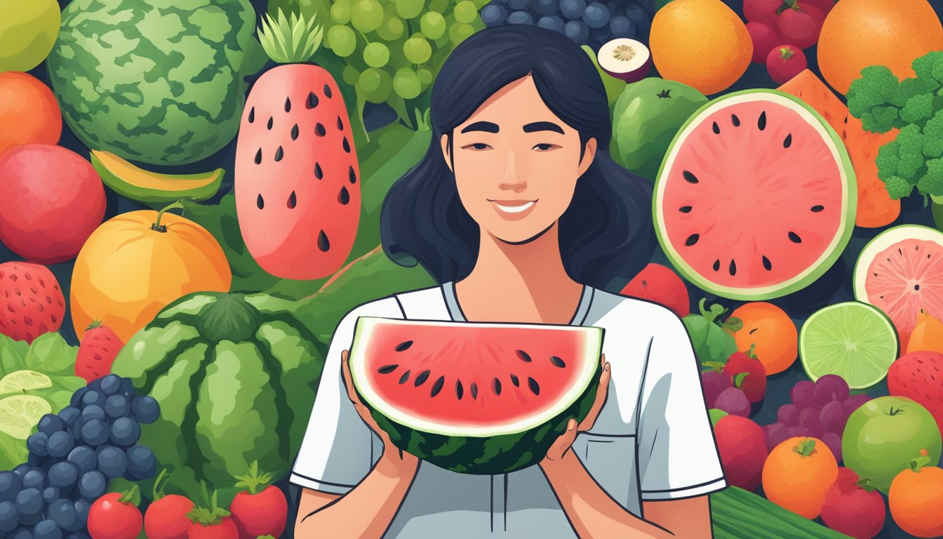 A person holding a slice of watermelon with a red "no" symbol over it, surrounded by other fruits and vegetables