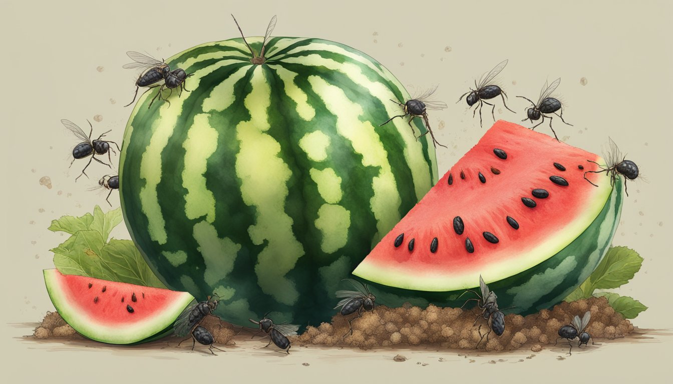 A watermelon split open, revealing moldy and rotting flesh inside, surrounded by flies and ants