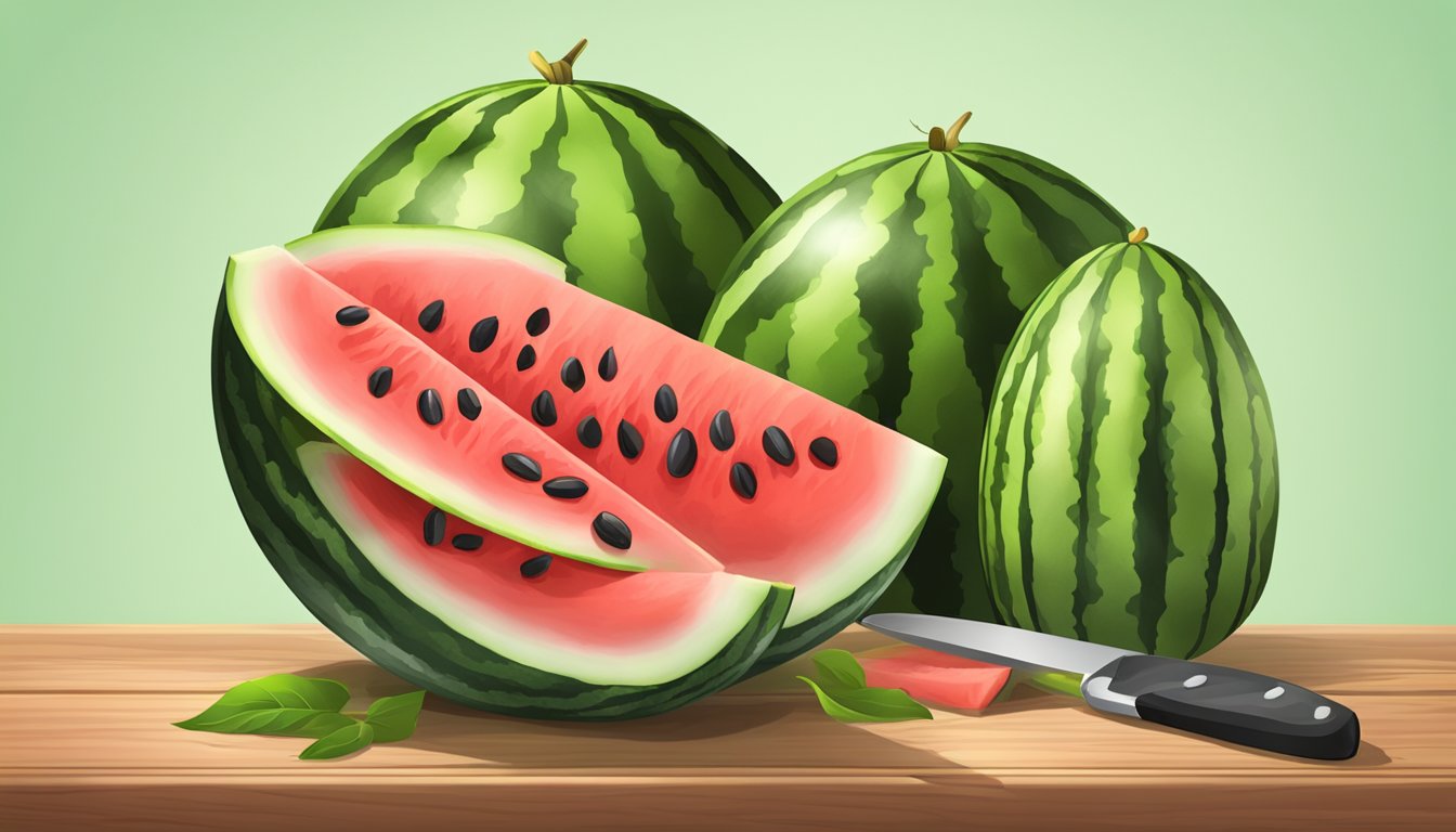 A ripe watermelon sliced open, with juicy red flesh and black seeds, surrounded by green rind on a wooden cutting board