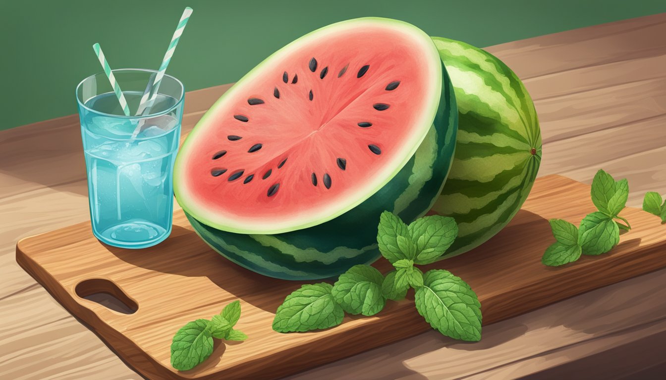 A ripe watermelon sits on a wooden cutting board, surrounded by fresh mint leaves and a glass of water. The vibrant colors and textures suggest a refreshing and hydrating snack