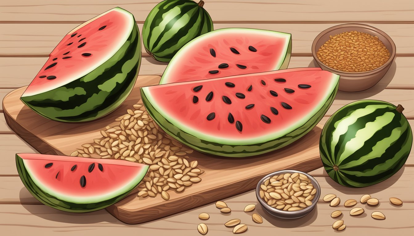 Watermelon seeds scattered on a wooden cutting board, surrounded by slices of juicy watermelon and a bowl of mixed seeds and nuts