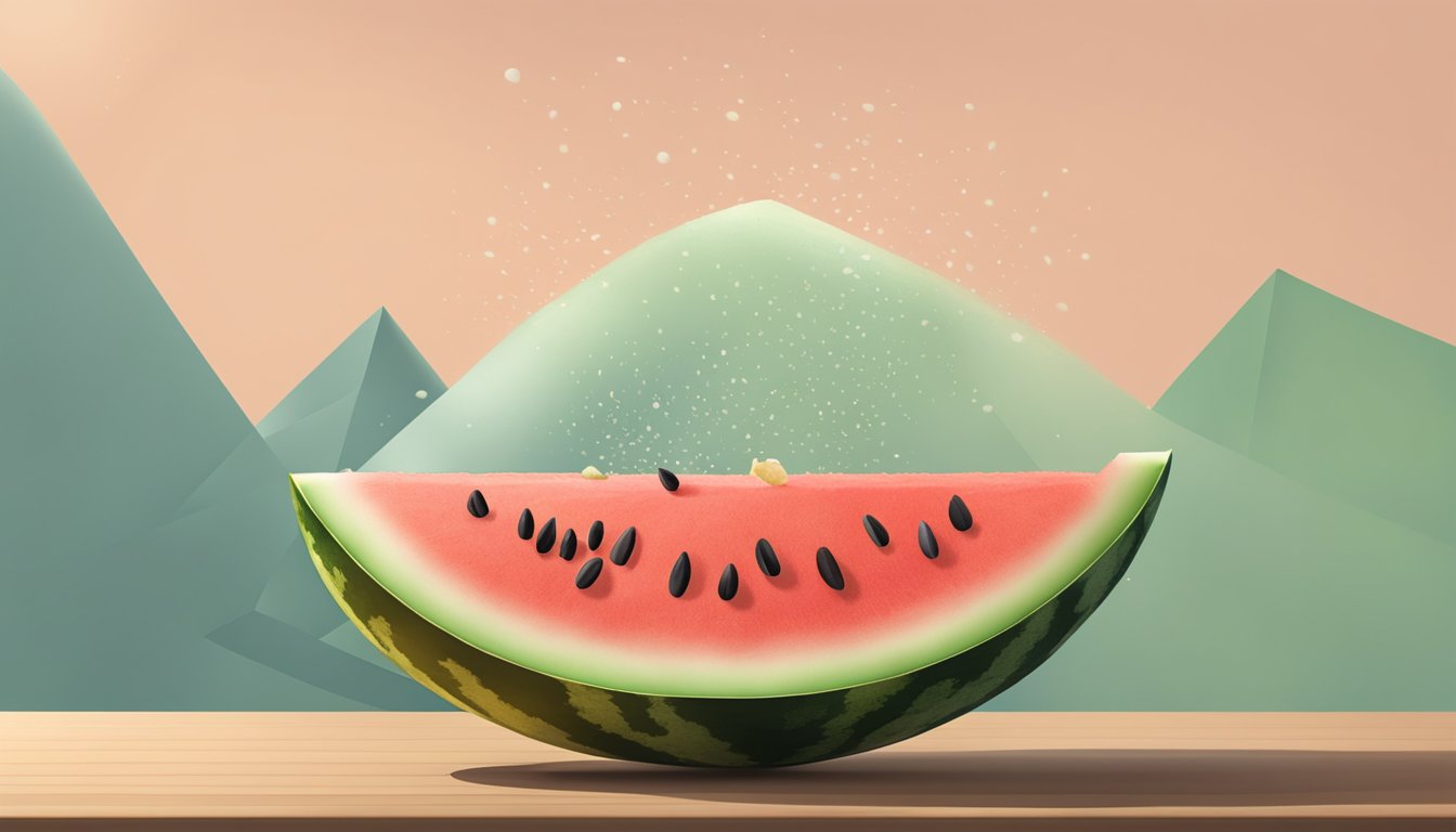 A watermelon seed bouncing off a table, with a magnified view showing its sharp edges