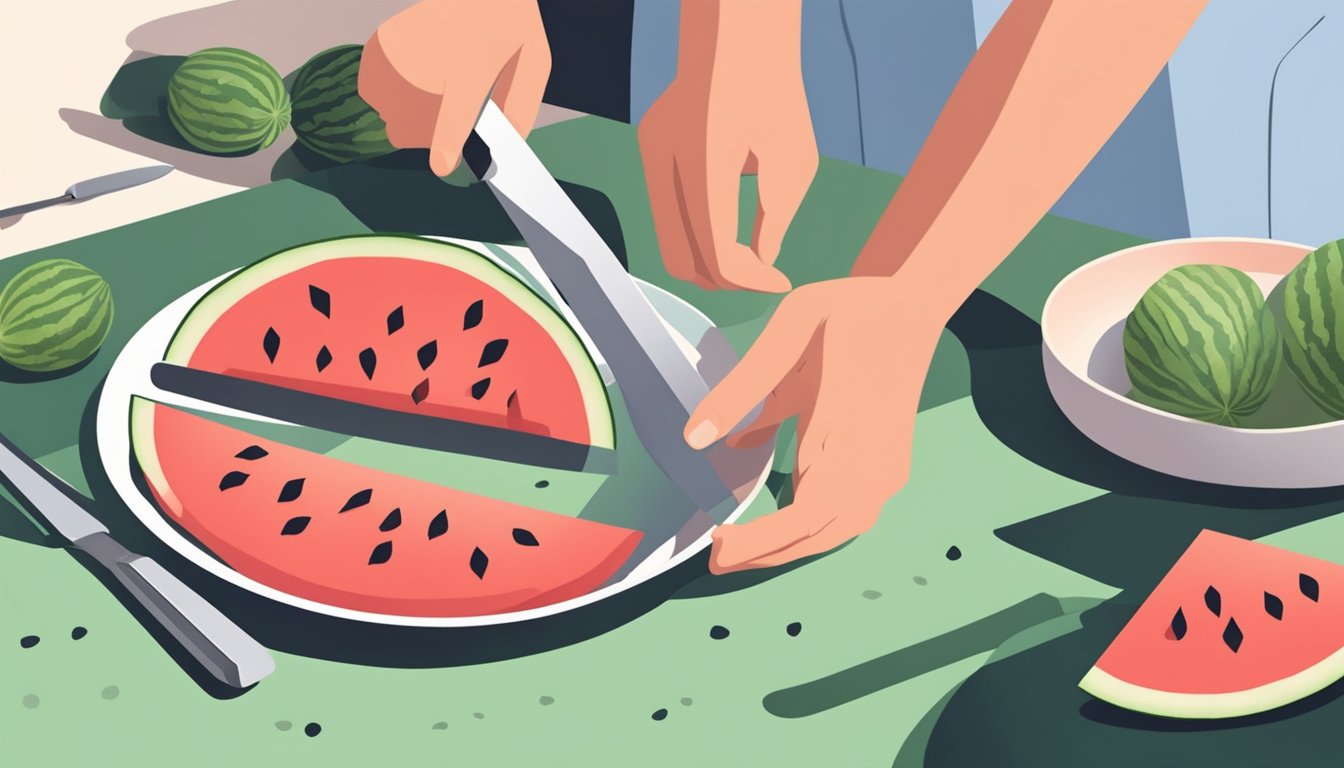 A person slicing and arranging watermelon chunks on a plate