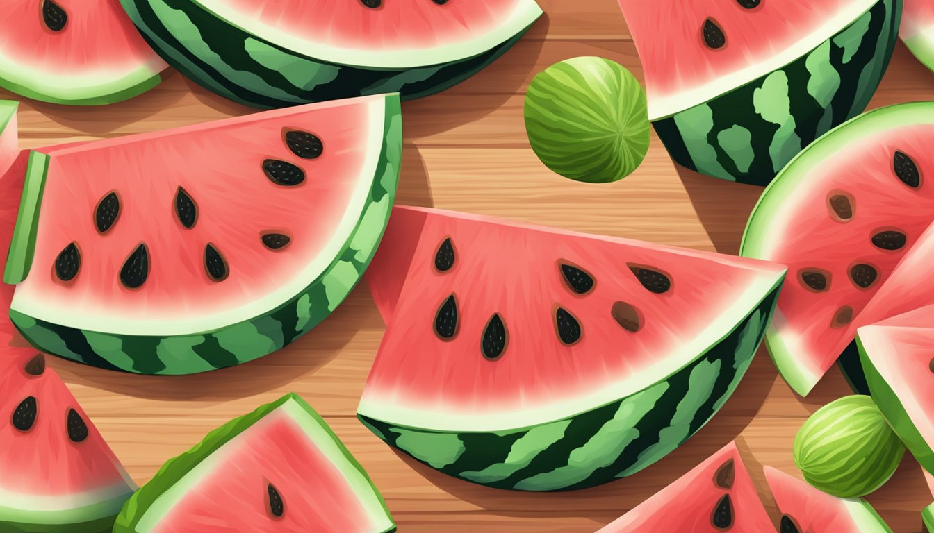 A juicy slice of watermelon being cut into bite-sized pieces on a wooden cutting board