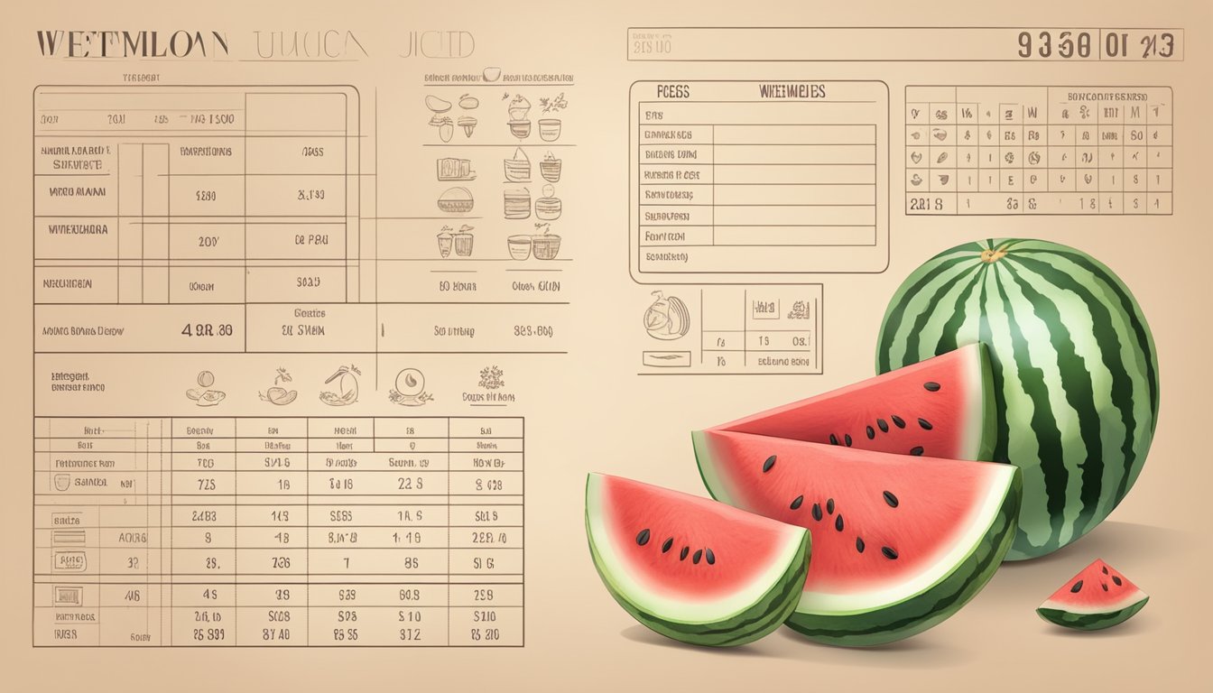 A juicy watermelon sliced into wedges, with seeds and a nutritional breakdown chart displayed next to it