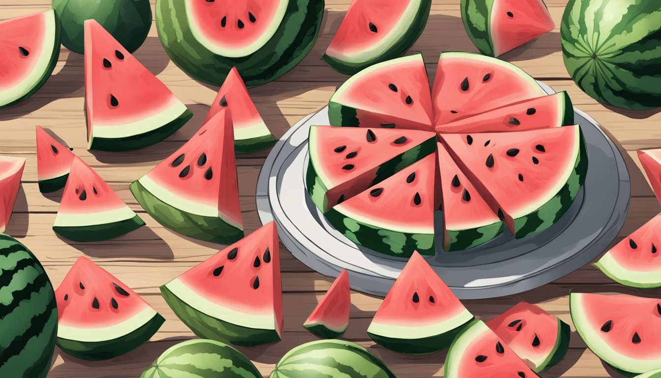 A pile of watermelon slices on a picnic table, with a few seeds scattered around. A half-eaten slice rests on a plate