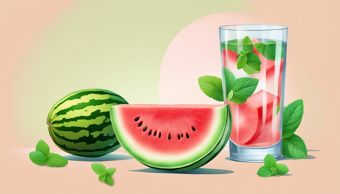 A watermelon being sliced into cubes, with a vibrant red interior and green rind, surrounded by fresh mint leaves and a glass of water