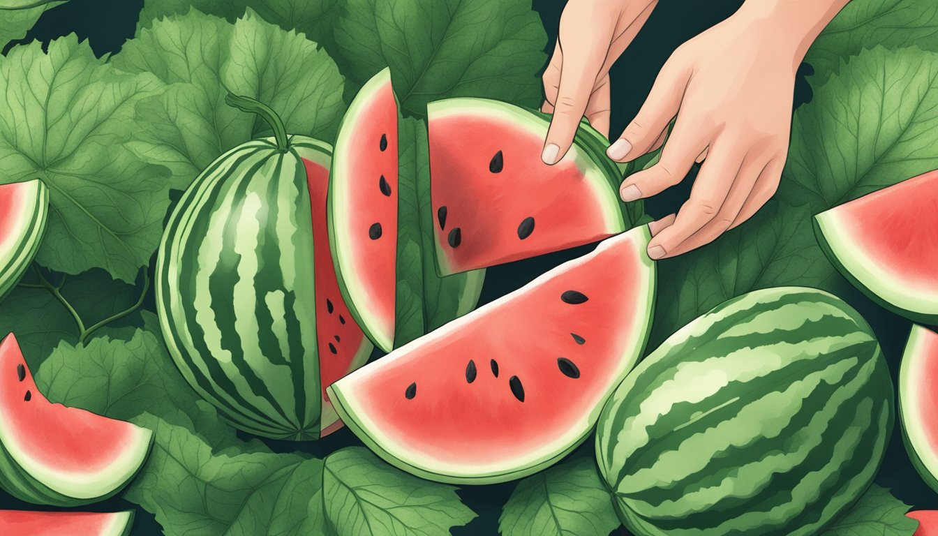 A person holding a watermelon leaf, examining it closely for potential edibility