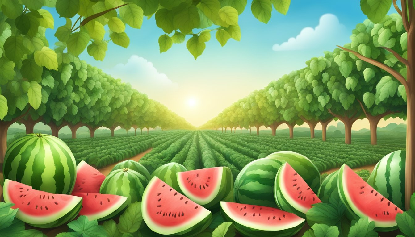 A lush watermelon field with ripe fruits and healthy green vines, surrounded by clean water sources and diverse wildlife