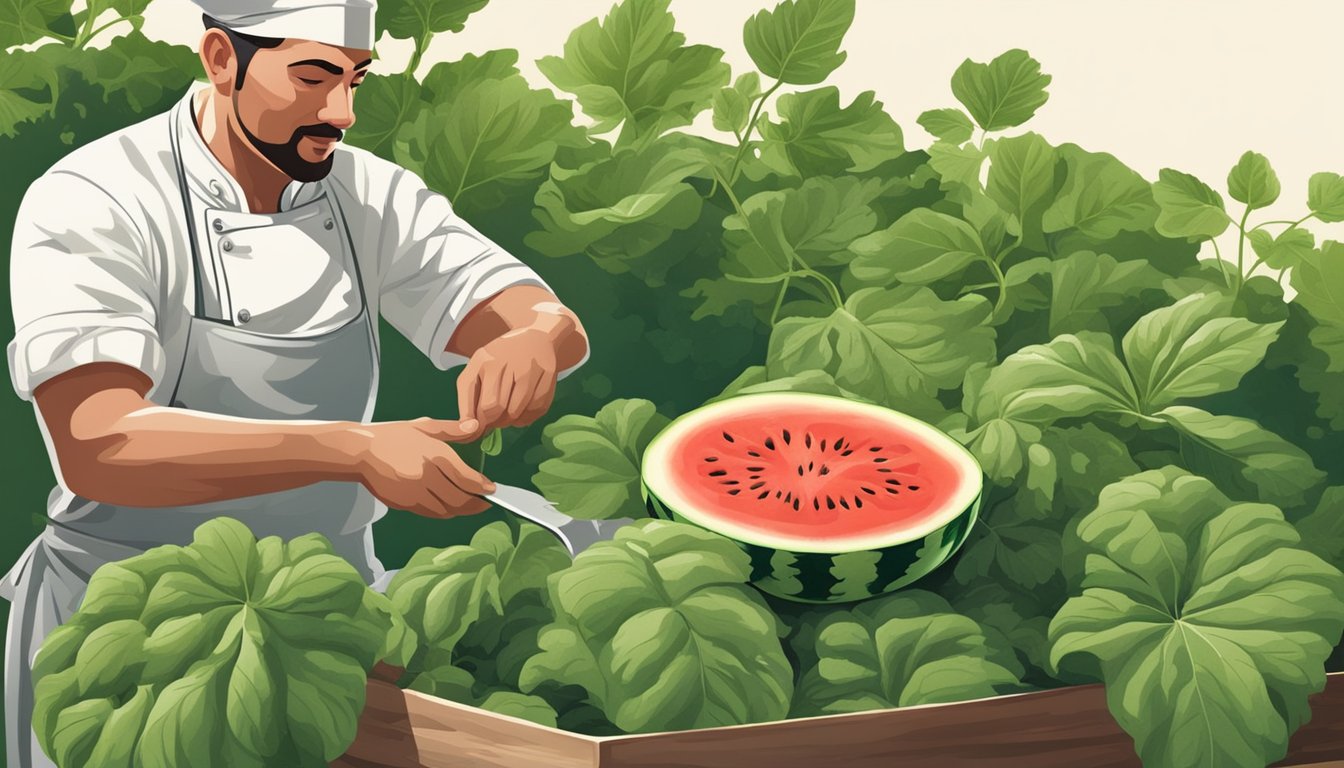 A chef plucks fresh watermelon leaves from the vine, preparing to incorporate them into a dish