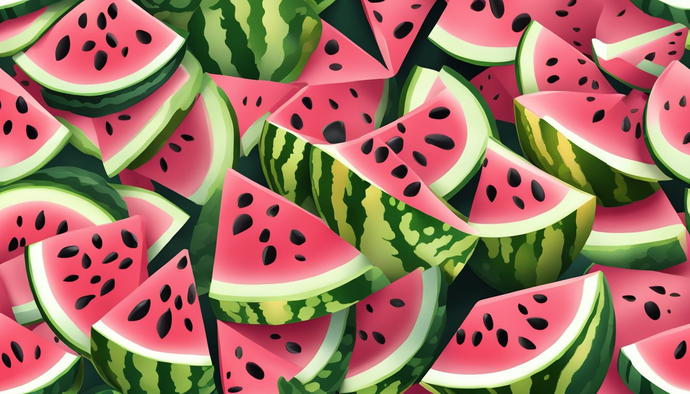 A watermelon sliced open, with vibrant pink flesh and black seeds, surrounded by green rind