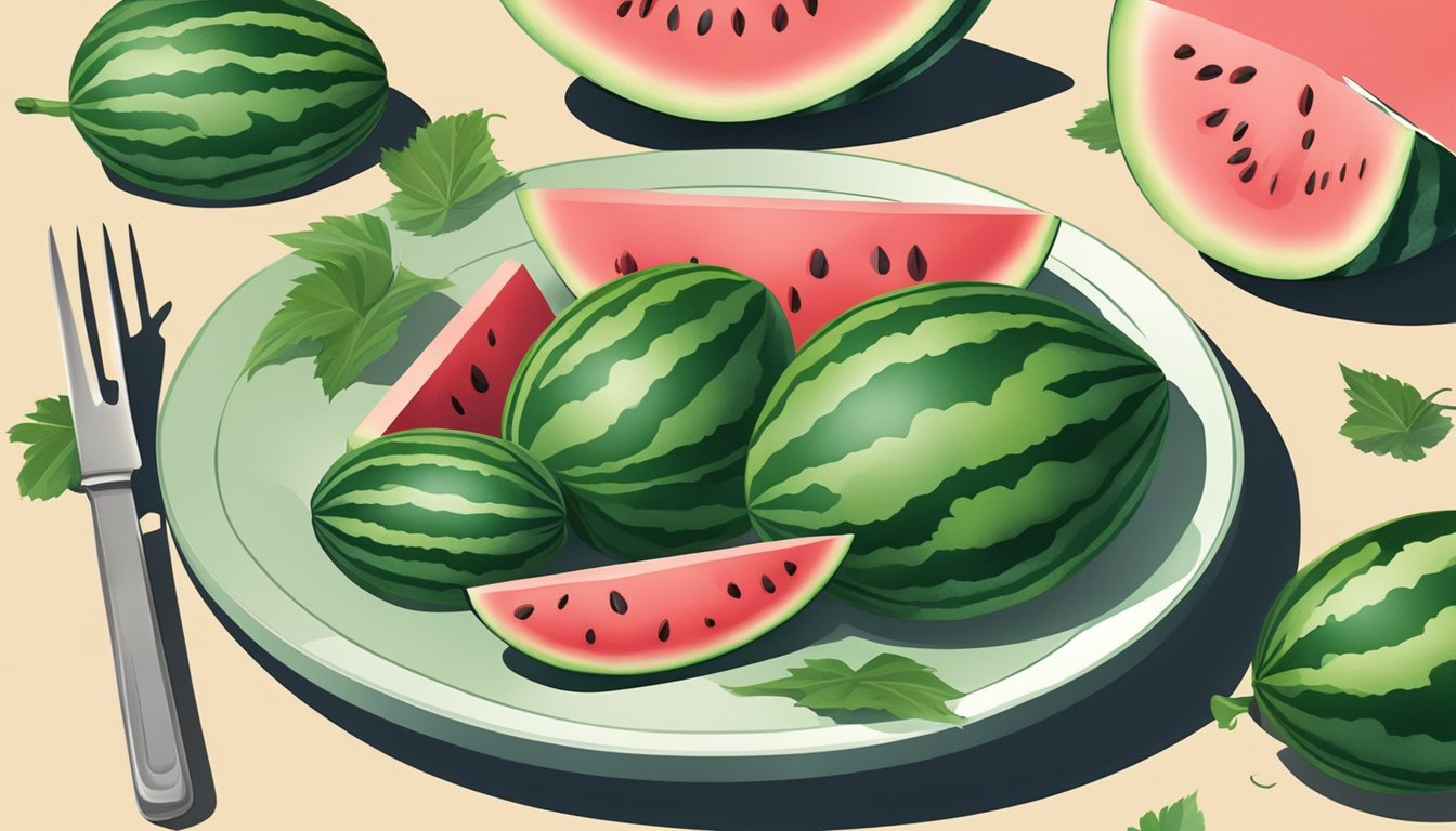 Watermelon leaves arranged on a plate with a knife and fork beside it. A bite taken out of one leaf