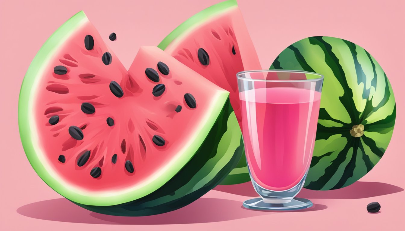 A ripe watermelon sliced open, with vibrant pink flesh and black seeds, surrounded by green rind. A glass of watermelon juice sits next to it