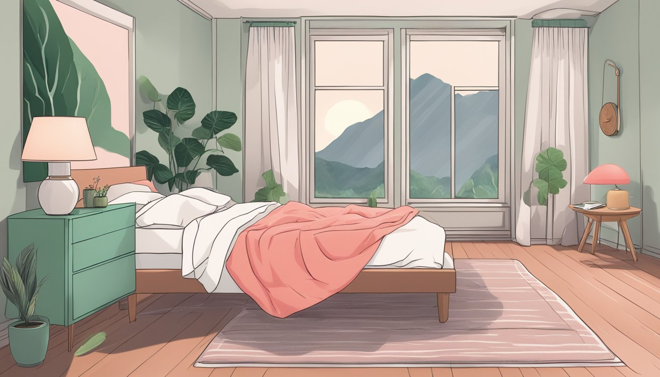 A person peacefully sleeping in a bedroom, with a slice of watermelon on a bedside table, surrounded by calming and serene elements