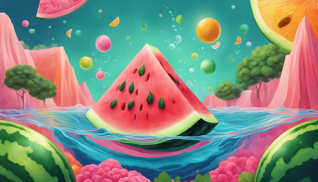 A watermelon slice floating in a brain-shaped pool, surrounded by vibrant, swirling colors