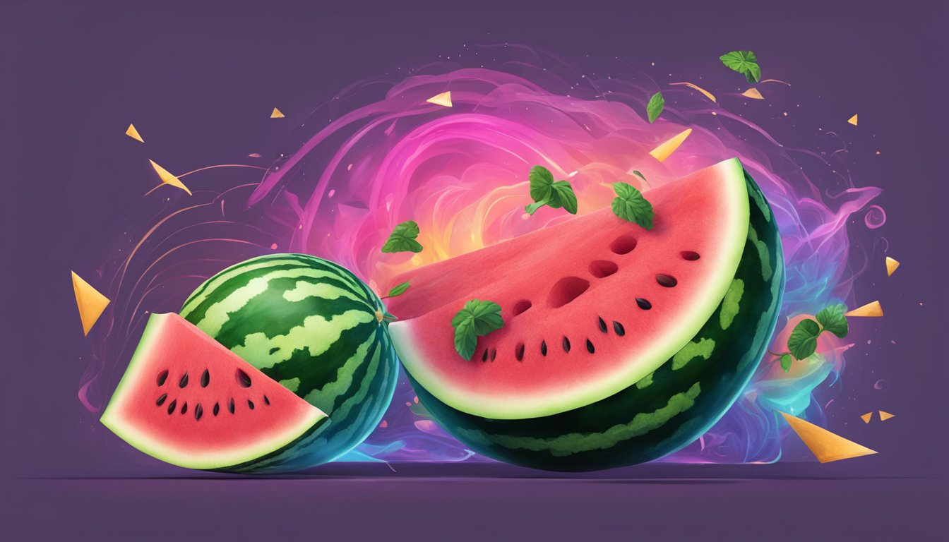 A watermelon splitting open, with colorful swirls emanating from it and entering a brain-shaped silhouette