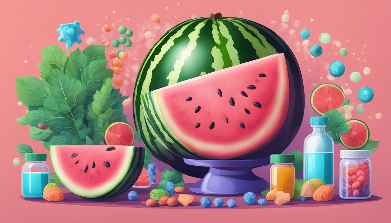 A watermelon radiating energy into a brain, surrounded by various nutritional additives and supplements in a laboratory setting